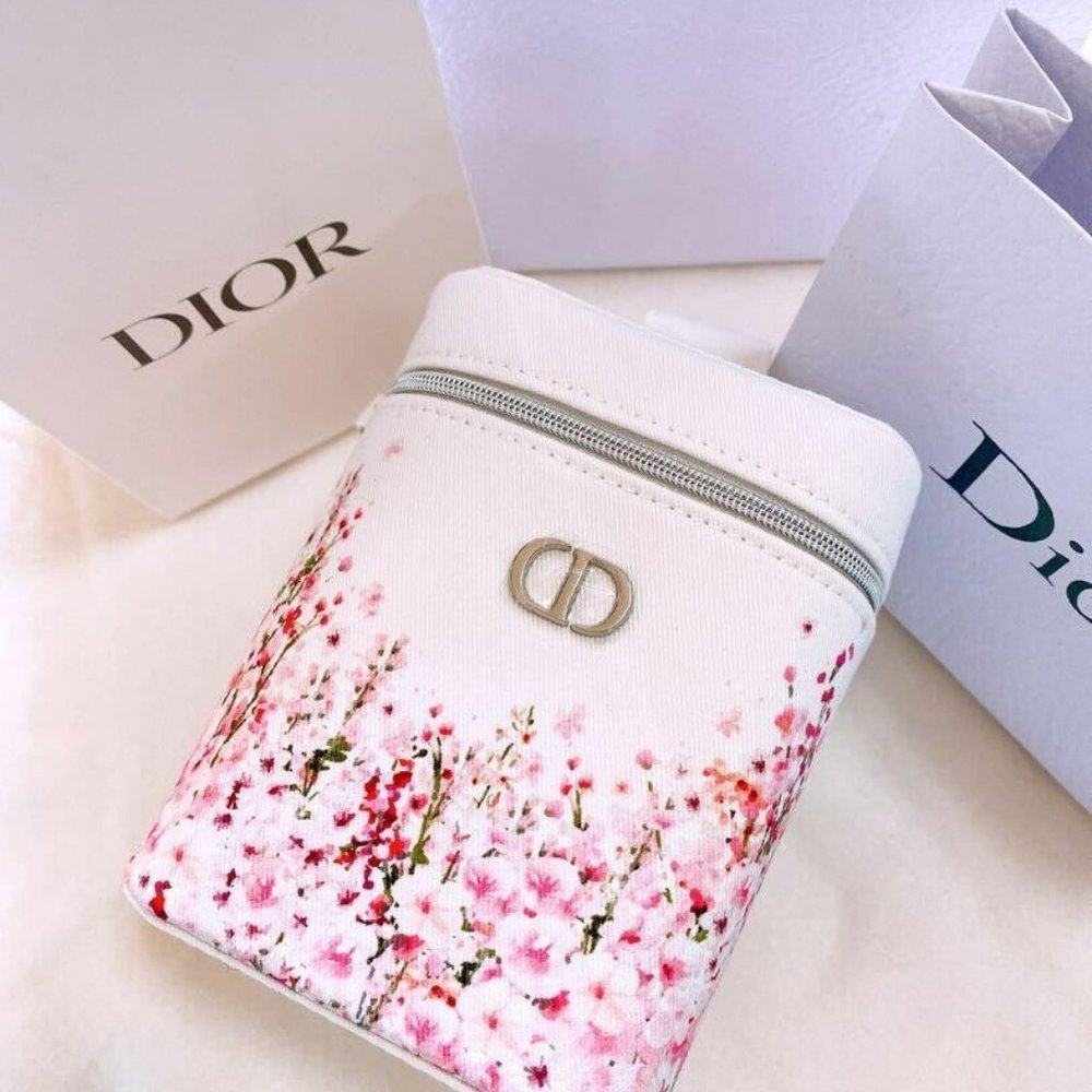BNIB! Authentic Rare LE Dior Pink White Floral Cosmetics Pouch Bag 4"x4"x5"